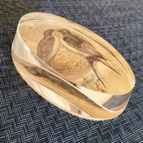 Vintage Oval Glass Paperweight With Birds & Cherry Illustration - Picture 2 of 3